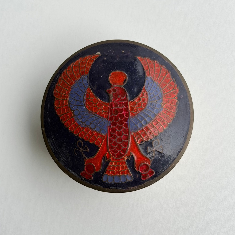 Vintage Enamel Brass Trinket Box Egyptian Falcon Lid Old World
